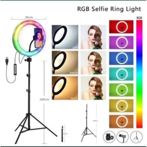 LED селфи ринг-лампа 10 инча RGB 7 цвята, дистанционно управлание и стойка 210 см